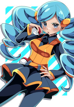 1girl absurdres ace_trainer_(female)_(pokemon_bw) ace_trainer_(pokemon) black_shirt black_skirt blue_eyes blush border collared_shirt commentary_request cowboy_shot drill_hair hair_ornament hand_on_own_hip highres holding holding_poke_ball long_sleeves looking_at_viewer nintendo open_mouth orange_vest outside_border pantyhose pleated_skirt poke_ball poke_ball_(basic) pokemon pokemon_bw shiki_(kisikisi1007) shirt skirt solo twin_drills vest white_border