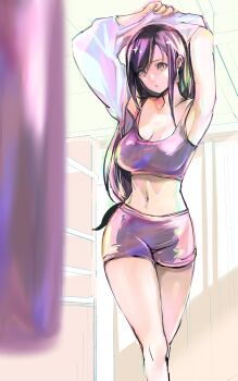 1girl absurdres armpits arms_up black_hair breasts cleavage earrings final_fantasy final_fantasy_vii final_fantasy_vii_remake highres jewelry large_breasts long_hair low-tied_long_hair midriff navel punching_bag red_eyes shirt shoji_sakura short_shorts shorts solo sports_bra square_enix tifa_lockhart