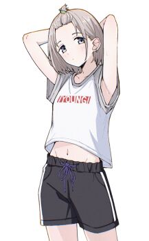 Rule 34 | 1girl, armpits, arms behind head, arms up, bangs pinned back, black shorts, blush, commentary request, earrings, grey hair, groin, highres, idolmaster, idolmaster shiny colors, iwakura lain, jewelry, looking at viewer, navel, qaqyes re, serizawa asahi, short hair, short sleeves, shorts, solo, stomach