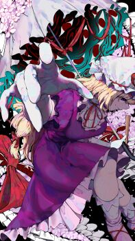 Rule 34 | 1girl, absurdres, arm up, blonde hair, bow, closed mouth, dress, elbow gloves, foreshortening, frilled dress, frills, from side, gap (touhou), gloves, hat, hat ribbon, highres, holding, holding umbrella, light smile, long hair, mob cap, neck ribbon, parasol, parted lips, purple dress, red bow, ribbon, shoes, short sleeves, socks, solo, touhou, umbrella, very long hair, white gloves, white socks, yakumo yukari, yuara