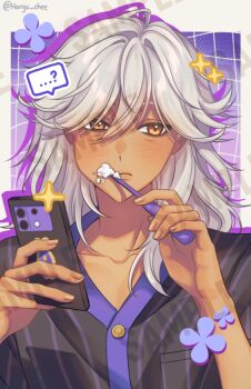 ...? 1boy black_pajamas cellphone closed_mouth cyno_(genshin_impact) dark-skinned_male dark_skin genshin_impact hair_between_eyes haryu_chee holding holding_phone holding_toothbrush long_hair male_focus orange_eyes pajamas phone smartphone solo striped_clothes striped_pajamas toothbrush toothbrush_in_mouth white_hair