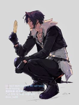 1boy belt black_belt black_boots black_gloves black_jacket black_pants boots brown_hair closed_mouth commentary_request cropped_jacket feathers final_fantasy final_fantasy_viii full_body fur-trimmed_jacket fur_trim gloves grey_background highres holding holding_feather jacket jewelry looking_at_object necklace nini_tw99 pants parted_bangs scar scar_on_face scar_on_forehead shirt short_hair silver_necklace solo squall_leonhart squatting twitter_username white_shirt