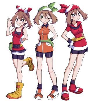 3girls :d :o ;d bandana bare_shoulders bike_shorts bike_shorts_under_shorts black_gloves black_shorts black_socks blush bow bow_hairband breasts brown_hair dress fanny_pack full_body gloves green_bandana hair_between_eyes hair_bow hairband hand_on_own_hip highres koshianpancake leg_up looking_at_viewer may_(pokemon) multiple_girls multiple_persona nintendo one_eye_closed open_mouth orange_dress pokemon pokemon_emerald pokemon_oras pokemon_rse red_bandana red_bow red_hairband red_shirt red_shoes shirt shoes short_hair short_sleeves shorts sleeveless sleeveless_dress sleeveless_shirt smile socks standing standing_on_one_leg two-tone_gloves white_background white_gloves white_shorts yellow_shoes