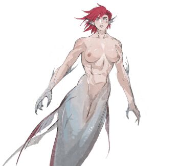 1girl alternate_form arcane:_league_of_legends arcane_vi facial_tattoo fins grey_eyes head_fins highres league_of_legends mermaid monster_girl monsterification parted_lips pink_lips pussy red_hair runhorserun scales scar scar_on_breasts scar_on_chest short_hair simple_background solo stomach tattoo uncensored undercut vi_(league_of_legends) white_background