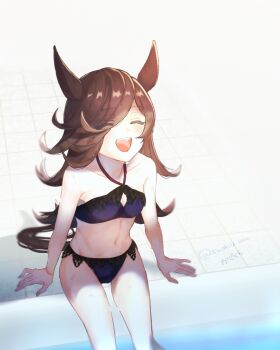 1girl :d alternate_costume animal_ears bikini black_trim blue_bikini breasts brown_hair closed_eyes commentary_request eyes_visible_through_hair feet_out_of_frame flipped_hair hair_over_one_eye halterneck hands_on_ground highres horse_ears horse_girl horse_tail kadokura_(sushiu_max) lace_trim long_hair one_eye_covered open_mouth pool poolside rice_shower_(umamusume) signature sitting small_breasts smile soaking_feet solo summer swept_bangs swimsuit tail tile_floor tiles twitter_username umamusume wet wet_hair