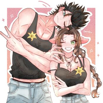 1boy 1girl 7_(milu577610) aerith_gainsborough bare_arms bare_shoulders black_hair black_tank_top blue_eyes blue_pants blush border braid braided_ponytail breasts brown_hair choker cleavage closed_mouth collarbone couple cowboy_shot crisis_core:_final_fantasy_vii crossed_arms denim final_fantasy final_fantasy_vii flower green_eyes grin hair_ribbon heads_together height_difference highres jeans jewelry leaning_on_person leaning_to_the_side looking_at_viewer matching_outfits medium_breasts motion_lines one_eye_closed outside_border pants parted_bangs pink_ribbon ribbon ring smile sparkle spiked_hair straight-on tank_top upper_body v white_border yellow_flower zack_fair