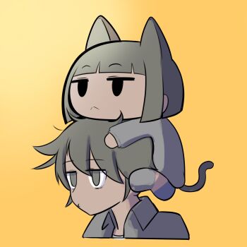 1boy 1girl :< animal_ears black_eyes black_hair bob_cut brother_and_sister cat_ears cat_girl cat_tail chibi chibi_on_head closed_mouth collared_jacket cropped_torso dark-skinned_female dark-skinned_male dark_skin gradient_background grey_hoodie grey_jacket highres hood hoodie jacket jitome madmex mob_face on_head open_clothes open_jacket original shirt short_hair siblings tail white_shirt willow_(madmex) yellow_background