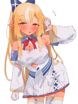 1girl absurdres blonde_hair blush breasts cleavage closed_mouth commentary_request dark-skinned_female dark_elf dark_skin detached_sleeves dress elf gloves highres hololive large_breasts looking_at_viewer multicolored_hair pointy_ears red_eyes shiranui_flare shiranui_flare_(1st_costume) solo streaked_hair tepenchi tongue tongue_out virtual_youtuber white_dress white_gloves white_sleeves white_streaks