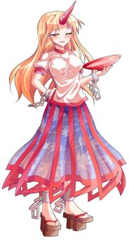 1girl alcohol alphes_(style) blonde_hair blue_skirt blush breasts brown_sandals buruma_under_skirt commentary_request cuffs cup dairi full_body geta half-closed_eyes hand_on_own_hip highres holding holding_cup horns hoshiguma_yuugi large_breasts large_variant_set leaf_print long_hair long_skirt looking_at_viewer parody parted_bangs print_skirt puffy_short_sleeves puffy_sleeves red_eyes red_horns sakazuki sake sandals see-through_clothes see-through_skirt shackles shirt short_sleeves simple_background single_horn skirt smirk solo standing style_parody t-shirt tachi-e touhou transparent_background variant_set white_shirt