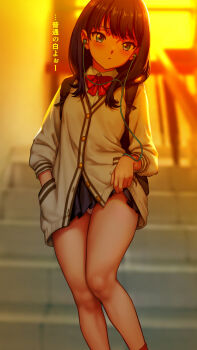 1girl as109 black_hair black_skirt blue_eyes blush bow bowtie cardigan closed_mouth clothes_lift commentary commentary_request earbuds earphones female_focus gridman_universe hand_in_pocket highres indoors legs lifting_own_clothes long_hair long_sleeves looking_at_viewer microskirt panties pantyshot partial_commentary pleated_skirt red_bow red_bowtie revision school_uniform shirt skirt skirt_lift solo ssss.gridman standing sweater takarada_rikka thighs translated underwear white_cardigan white_panties white_shirt white_sweater