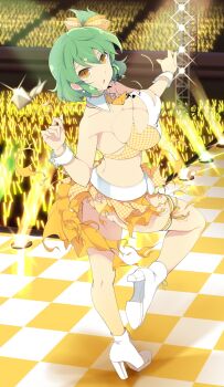 1girl :o audience blush boots bow breast_tattoo breasts checkered_floor cleavage collarbone colored_lights concert crop_top glowstick green_hair hair_bow high_heel_boots high_heels highres hikage_(senran_kagura) hip_tattoo idol idol_clothes lace lace-trimmed_panties lace_trim large_breasts leg_ribbon looking_at_viewer median_furrow navel neck_tattoo official_art open_mouth panties plaid_bow plaid_clothes plaid_skirt revealing_clothes ribbon senran_kagura senran_kagura_new_wave senran_kagura_shoujo-tachi_no_shin&#039;ei short_hair side_ponytail simple_background skirt slit_pupils snake_print snake_tattoo solo sparkle stage stage_lights standing standing_on_one_leg tattoo thigh_ribbon tile_floor tiles torn_clothes torn_skirt underwear white_boots white_wrist_cuffs wrist_cuffs yellow_bow yellow_eyes yellow_panties yellow_trim