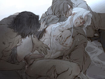 3boys abs anal anal_fisting anal_fluid angeal_hewley anus biting biting_ear blood_on_mouth blush brown_hair clenched_teeth closed_eyes commentary crisis_core:_final_fantasy_vii ear_blush english_commentary erection eyelashes final_fantasy final_fantasy_vii fisting furrowed_brow genesis_rhapsodos group_sex hand_on_another's_chest hand_on_another's_stomach heavy_breathing hickey highres holding_another's_arm holding_leg hug large_insertion long_hair luluzhang998873 lying male_focus male_penetrated mmm_threesome multiple_boys nipples on_back on_bed on_side open_clothes open_fly pale_skin pectorals penis sephiroth sex shaking shirt short_hair spread_anus spread_legs sweat tan teeth testicles threesome toned toned_male unbuttoned unbuttoned_shirt uncensored white_background white_hair yaoi