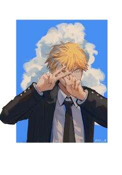 1boy artist_name black_jacket blazer blonde_hair blue_sky border chainsaw_man cloud collared_shirt denji_(chainsaw_man) gesture_request highres jacket looking_at_viewer male_focus null_(skev7724) open_clothes open_jacket outside_border shirt short_hair sky solo white_border white_shirt