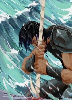 1boy armor bangle black_hair blood blood_splatter bracelet clenched_hand commentary dark-skinned_male dark_skin english_commentary highres jewelry kneeling l3xarts_17 male_focus naeve ocean polearm purple_eyes shadow_slave short_hair shoulder_armor solo spear waves weapon wet wet_hair