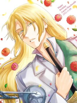 1046sstep_btoh 1boy balance_scale bishounen bleach bleach:_sennen_kessen-hen blonde_hair character_name coat commentary_request dated flower green_eyes hair_between_eyes happy_birthday highres holding holding_weapon jugram_haschwalth long_hair lying male_focus on_back parted_lips petals solo wandenreich_uniform weapon weighing_scale white_coat