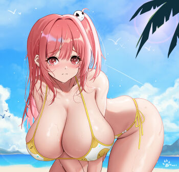 1girl 3: :o artist_name azur_lane bad_anatomy bare_shoulders beach bikini bird blue_sky blush breasts cleavage cloud curly_hair day dead_or_alive dead_or_alive_5 dead_or_alive_5_last_round dripping hair_ornament heart heart-shaped_pupils highres honoka_(doa) honoka_(summer_angel_on_the_shore)_(doa) huge_breasts large_breasts leaning_forward light_blush long_hair looking_at_viewer manjuu_(azur_lane) mountain multicolored_bikini ocean own_hands_together palm_leaf palm_tree pink_eyes pink_hair print_bikini print_bikini_top sagging_breasts sand shiny_skin side-tie_bikini_bottom side_ponytail signature skull_hair_ornament sky solo sun swimsuit symbol-shaped_pupils thighs tree two-tone_bikini v_arms water wet wet_bikini wet_hair white_bikini yellow_bikini yuuri_(artist) yuuri_vv