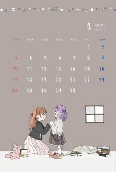 2019 absurdres adjusting_another's_clothes aisaki_emiru anime_coloring belt black_belt black_jacket blanket blunt_bangs book book_stack bow bow_legwear brown_background brown_hair calendar_(medium) child commentary_request double_bun downturned_eyes expressionless face-to-face frilled_shirt frilled_skirt frilled_sleeves frills from_side grey_jacket grey_skirt hair_bow hair_bun hairband happy highres holding holding_ribbon hugtto!_precure indoors jacket kneeling long_skirt long_sleeves medium_hair medium_skirt open_belt pleated_skirt precure puffy_long_sleeves puffy_sleeves purple_bow purple_eyes purple_hair purple_ribbon red_eyes ribbon ruru_amour shirt skirt sleeves_past_wrists socks spoilers stuffed_animal stuffed_toy takahoshi_(yunch327) teddy_bear twintails wavy_hair white_shirt white_skirt white_socks window yellow_hairband