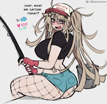 1girl artist_name ass baseball_cap black_shirt blonde_hair blue_shorts breasts bucket commentary dokidomiki english_commentary english_text fingerless_gloves fingernails fishing fishing_rod fishnet_pantyhose fishnets from_behind gloves hair_between_eyes hair_ornament hat holding holding_fishing_rod indie_virtual_youtuber large_breasts long_hair looking_at_viewer looking_back meme messy_hair micro_shorts miki_(dokidomiki) nail_polish open_mouth original pantyhose pink_eyes pink_gloves pink_hat pink_nails sameko_saba_(fish) shirt shorts simple_background sitting solo star_(symbol) star_hair_ornament tiktok_username twintails twitch_username twitter_strip_game_parody twitter_username white_background women_want_me_fish_fear_me_(meme)