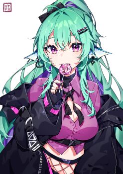 1girl absurdres ahoge black_bow black_gloves black_jacket bow breasts candy cleavage cleavage_cutout clothing_cutout collared_shirt dress_shirt fin_piercing finana_ryugu finana_ryugu_(3rd_costume) fingerless_gloves fins fishnets food gloves green_hair hair_between_eyes hair_bow hair_intakes hair_ornament hairclip hayate_fish head_fins highres holding holding_candy holding_food holding_lollipop jacket lollipop long_hair long_sleeves looking_at_viewer medium_breasts nijisanji nijisanji_en off_shoulder open_clothes open_jacket ponytail puffy_long_sleeves puffy_sleeves purple_eyes purple_shirt shirt simple_background sleeves_past_wrists solo very_long_hair virtual_youtuber white_background