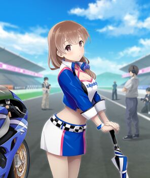 1girl 4boys black_hair black_shoes bleachers blue_jacket blue_pants blue_shirt blue_skirt blue_sky blue_umbrella breasts brown_hair brown_pants camera checkered_belt cleavage closed_mouth closed_umbrella clothes_writing cloud cowboy_shot criss-cross_halter crop_top crossed_arms day dot_nose double-parted_bangs faceless faceless_male from_side game_cg hair_ornament hair_scrunchie halterneck headphones holding holding_camera holding_umbrella jacket lanyard looking_at_viewer looking_to_the_side low_side_ponytail medium_breasts medium_hair midriff mizushina_kinuka motor_vehicle motorcycle multiple_boys navel official_art open_clothes open_jacket outdoors pants planted purple_eyes purple_scrunchie race_queen racetrack scrunchie shirt shoes short_hair skirt sky solo_focus sunglasses t-shirt third-party_source toji_no_miko toji_no_miko:_kizamishi_issen_no_tomoshibi two-tone_skirt umbrella unzipped white_shirt white_skirt