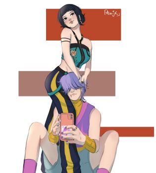 1boy 1girl acejk_arts black_hair closed_mouth commentary double_bun english_commentary hair_bun hair_over_eyes halterneck highres holding holding_phone jewelry kpop_demon_hunters mystery_(kpop_demon_hunters) pants phone purple_hair purple_nails purple_socks ring short_bangs sidelocks socks zoey_(kpop_demon_hunters)