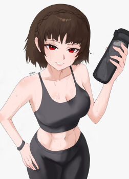 1girl abs absurdres artist_name black_tank_top braid breasts brown_hair cleavage collarbone commentary condensation crown_braid drink hand_on_own_hip highres holding holding_drink large_breasts midriff n7grey niijima_makoto pants persona persona_5 red_eyes short_hair smile sportswear sweat tank_top toned toned_female wristband yoga_pants