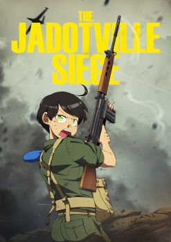 1girl absurdres ahoge aircraft ass battle_rifle beret black_hair braces bullets english_text finger_on_trigger fn_fal green_eyes gun hat highres holding holding_gun holding_magazine_(weapon) holding_weapon looking_at_viewer magazine_(weapon) military military_uniform mrxinom open_mouth original pants pocket pouch_bags rifle rolled_sleeves sandbag short_hair shouting smoke smoking_barrel teeth weapon