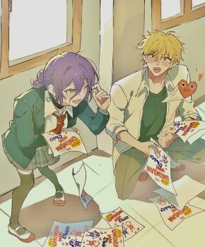 Rule 34 | 1boy, 1girl, black choker, black thighhighs, blonde hair, blue jacket, blush, brown pants, chainsaw man, choker, collared shirt, commentary request, dalsan110, denji (chainsaw man), full body, green eyes, green shirt, grenade pin, hair between eyes, hair bun, heart belt, holding, holding flyer, holding paper, indoors, jacket, korean commentary, laughing, leaning forward, looking at another, medium hair, messy hair, necktie, one eye closed, open mouth, pants, paper, plaid clothes, plaid skirt, pochita (chainsaw man), purple hair, red eyes, red necktie, reze (chainsaw man), sharp teeth, shirt, shirt under shirt, shoes, short hair, skirt, smile, squatting, suit jacket, tears, teeth, thighhighs, updo, white shirt, white shoes, window, wiping tears