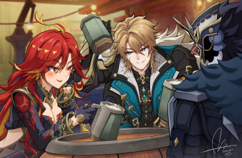 Rule 34 | 1girl, 2boys, absurdres, ahoge, alcohol, barrel, beer, biker clothes, bikesuit, black bodysuit, black gloves, black helmet, black shirt, blonde hair, blue eyes, bodysuit, breasts, capitano (genshin impact), cleavage, coat, collared coat, commentary request, cross scar, cup, dasoin, dated, earrings, facial scar, fur-trimmed coat, fur trim, genshin impact, gloves, hair between eyes, hand on own cheek, hand on own face, helmet, highres, holding, holding cup, indoors, jewelry, long hair, long sleeves, looking at another, mavuika (genshin impact), medium breasts, multicolored hair, multiple boys, open mouth, orange eyes, orange pupils, parted lips, red hair, scar, scar on cheek, scar on face, shirt, short hair, signature, sitting, smile, streaked hair, sun earrings, tankard, upper body, varka (genshin impact)