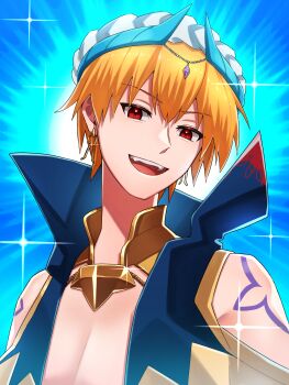 Rule 34 | 1boy, armor, bare shoulders, blonde hair, blue background, blue vest, chain, circlet, commentary request, earrings, fate/grand order, fate (series), gem, gilgamesh, gilgamesh (caster) (fate), gilgamesh (fate), gold armor, gold chain, gold earrings, hair between eyes, highres, hoop earrings, horns, jewelry, looking at viewer, male focus, open clothes, open mouth, open vest, purple gem, red eyes, short hair, shoulder tattoo, smile, solo, sparkle, sparkle background, tattoo, teeth, tongue, turban, upper body, vest, white turban, yotaaaaka