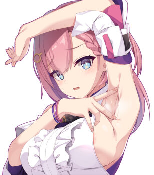 1girl areola_slip aria_(koiiroharemoyou) armpit_focus armpits asta_(honkai:_star_rail) bare_shoulders blue_eyes braid breasts center_frills commentary_request detached_sleeves frills hair_ornament highres honkai:_star_rail honkai_(series) large_breasts long_hair looking_at_viewer open_mouth pink_hair presenting_armpit shirt short_sleeves sideboob simple_background sleeveless sleeveless_shirt solo spread_armpit sweat upper_body white_background white_shirt