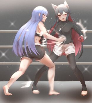 Rule 34 | 2girls, artist request, catfight, character request, midriff, multiple girls, punching, shorts, tagme, texas (arknights)