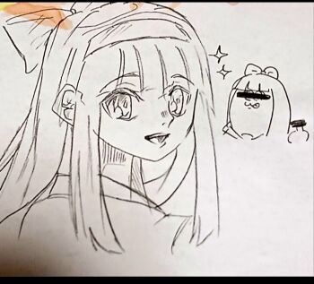 Rule 34 | 2girls, ainu clothes, censored, censored identity, crossover, hair ribbon, long hair, looking at viewer, middle finger, monochrome, multiple girls, nakoruru, open mouth, poptepipic, ribbon, samurai spirits, sketch, smile, snk, sparkle, teeth, the king of fighters, tongue, tongue out, traditional media