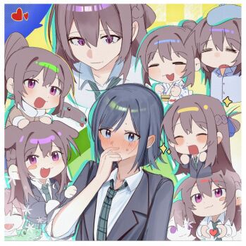 2girls :3 =_= animal_ears blue_eyes blue_hair blush brown_hair brown_jacket chibi chinese_commentary closed_eyes closed_mouth commentary_request dog_ears dog_girl embarrassed fang fish goldfish grey_jacket haidao_mao heart heart_hands heart_in_heart_hands highres jacket japanese_clothes kemonomimi_mode kimono long_hair miyagi_shiori multiple_girls multiple_views necktie open_mouth ponytail purple_eyes school_uniform sendai_hazuki short_hair shuuniichido_classmate_wo_kau_hanashi white_kimono yuri