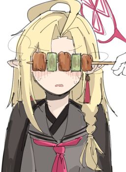 Rule 34 | 2girls, ahoge, ayame (blue archive), ayame (twilight) (blue archive), bagaponchi, black shirt, blonde hair, blue archive, blush, covered eyes, earrings, food, halo, holding, holding skewer, jewelry, long hair, multiple girls, nagusa (blue archive), neckerchief, open mouth, pointy ears, red halo, red neckerchief, shirt, single earring, skewer, solo focus, white background, yakitori