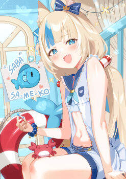 1girl :d absurdres ahoge alcoholrang animal_ear_fluff animal_ears animal_on_leg bare_arms blonde_hair blue_bow blue_eyes blue_hair blue_neckerchief blue_sailor_collar blush bow bubble buttons cat_ears chalk character_name collar commentary commentary_request crab curtains dress fang feet_out_of_frame fins fish_girl fish_tail flat_chest hair_bow hand_rest heart highres holding holding_chalk indie_virtual_youtuber kaniki_(sameko_saba) legs lifebuoy lifebuoy_hair_ornament light_bulb long_hair looking_at_viewer low_twintails midriff multicolored_hair navel neckerchief open_mouth paper_boat railing rope sailor_collar sameko_saba sameko_saba_(fish) scrunchie short_shorts shorts sitting sleeveless sleeveless_dress smile sparkle stomach streaked_hair string_of_light_bulbs swim_ring tail thighs tongue twintails unbuttoned very_long_hair virtual_youtuber white_dress white_shorts window wrist_scrunchie