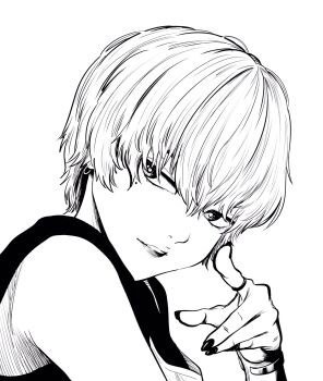 1girl bracelet commentary_request earrings eyebrows_hidden_by_hair from_side hatching_(texture) highres jewelry lee_(dragon_garou) lips long_bangs looking_at_viewer mole mole_under_eye nail_polish original parted_lips pointing portrait ring shirt short_hair sleeveless sleeveless_shirt smile solo