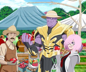 crossover fate/grand_order fate_(series) hat highres infinity_gauntlet jacket market marvel mash_kyrielight necktie red_necktie straw_hat thanos tomato