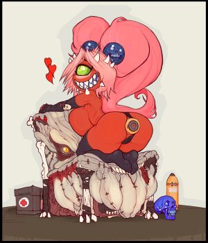 1girl ammunition anal anal_object_insertion armchair bad_id bad_tumblr_id black_panties bone breasts cacodemon chair clothing_aside colored_skin cross curvy cyclops doom_(series) doom_i elbow_gloves female_focus fingerless_gloves first_aid_kit full_body gloves green_eyes heart highres kneeling large_breasts long_hair looking_at_viewer looking_back no_shoes object_insertion one-eyed panties panties_aside parted_bangs personification pink_hair red_cross red_skin robotjoe rocket_(projectile) sharp_teeth shell_(projectile) simple_background skull slit_pupils smile solo tagme teeth thighhighs topless_female underwear underwear_only
