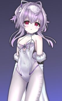 1girl ahoge armored_leotard bare_shoulders blush breasts cleavage covered_navel detached_sleeves frills goddess_of_victory:_nikke hair_intakes highres langley1000 leotard liberalio_(nikke) long_sleeves looking_at_viewer open_mouth pantyhose purple_hair purple_trim red_eyes short_hair skirt sleeves_past_fingers sleeves_past_wrists small_breasts solo tube white_leotard white_pantyhose