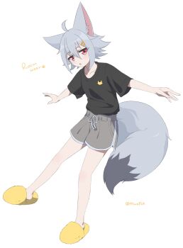 Rule 34 | 1girl, :o, ahoge, animal ear fluff, animal ears, black shirt, commentary, english text, flat chest, fox ears, fox girl, fox tail, full body, grey shorts, hair between eyes, highres, looking at viewer, minowa sukyaru, miwa kitsune-chan, original, outstretched arms, red eyes, shirt, shirt tucked in, short hair, short sleeves, shorts, slippers, solo, spread arms, tail, twitter username, untranslatable commentary