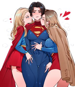 3girls absurdres black_hair blonde_hair blue_bodysuit blue_eyes blush bodysuit breasts brown_coat brown_hair cape closed_eyes coat dc_comics dc_extended_universe dc_universe_(franchise) girl_sandwich heart highres kiss kissing_neck large_breasts long_hair long_sleeves looking_at_viewer medium_breasts miniskirt multiple_girls multiple_persona navel no_legwear qiandaiyiyu red_cape sandwiched selfcest short_hair skirt smile steam supergirl supergirl_(2015) superhero_costume superman_(2025) superman_(series) superman_logo sweat sweatdrop the_flash_(movie) wavy_mouth white_background yuri