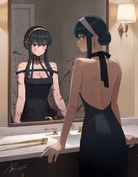 1girl back black_dress black_hair blood blood_on_arm blood_on_clothes blood_on_face blush breasts collarbone corpse dagger dai_(tdaitw) different_reflection door dress earrings fingernails from_behind gold_hairband hairband highres indoors jewelry knife lamp large_breasts long_hair looking_to_the_side mirror nail_polish public_restroom red_eyes red_nails reflection sidelocks solo_focus spy_x_family standing stiletto_(weapon) weapon white_hairband yor_briar