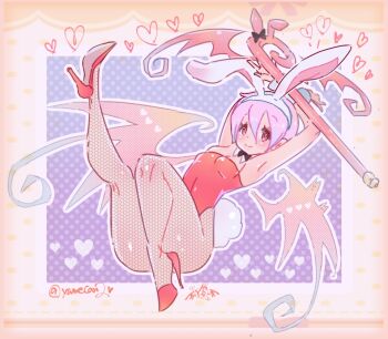 1girl alternate_costume animal_ears armpits arms_up artist_name bare_shoulders black_pantyhose breasts capcom closed_mouth crossed_arms darkstalkers demon_girl demon_wings dot_nose fake_animal_ears fake_tail female_focus fishnet_pantyhose fishnets full_body gradient_background head_wings high_heels leg_up legs_together leotard lilith_(darkstalkers) looking_at_viewer pantyhose petite pink_hair playboy_bunny purple_background rabbit_ears rabbit_tail red_eyes red_leotard red_shoes shoes short_hair simple_background small_breasts smile solo strapless strapless_leotard tail two-tone_background wings wrist_cuffs y.o_(chuchu) yellow_background