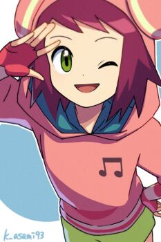 1girl ;d artist_name asamishi fingerless_gloves gloves green_eyes green_shorts hand_on_own_hip hood hood_up hoodie looking_at_viewer mega_man_(series) mega_man_star_force_(series) one_eye_closed open_mouth pink_hoodie purple_hair short_hair shorts smile solo sonia_strumm_(mega_man)