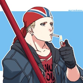 1boy bandana billy_kane black_gloves blonde_hair blue_eyes blue_shirt bo_staff cigarette collarbone earrings gloves highres holding holding_lighter hood hood_down hooded_jacket jacket jewelry letterboxed lighter male_focus print_shirt red_bandana red_shirt shirt short_hair solo the_king_of_fighters the_king_of_fighters_xiv torn_clothes torn_shirt twitter_username yorozu