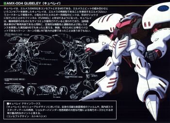 1980s_(style) 1990s_(style) akutsu_jun&#039;ichi artist_collaboration downscaled gundam highres katoki_hajime lineart machinery mecha mecha_focus mixed-language_text mobile_suit monochrome multiple_views neo_zeon no_humans oldschool one-eyed qubeley resized retro_artstyle robot science_fiction sketch translation_request zeta_gundam