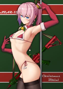 1girl :/ absurdres arm_behind_back assault_rifle bell bikini blue_eyes blush breasts character_name detached_collar elbow_gloves from_side fur-trimmed_bikini fur_trim girls'_frontline gloves gun hair_bell hair_between_eyes hair_ornament hair_ribbon hand_up highres holding holding_pole medium_hair mosamosaobake navel neck_bell pink_hair pole pole_dancing ponytail red_bikini red_gloves ribbon rifle santa_bikini santa_costume side-tie_bikini_bottom small_breasts solo st_ar-15_(girls'_frontline) swimsuit thighhighs thighs weapon