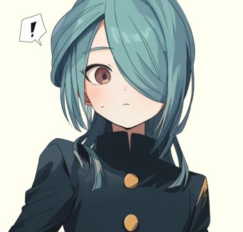 ! 1boy black_jacket blue_hair blush brown_eyes commentary ebi_(shrimp_eleven) gakuran hair_over_one_eye high_collar inazuma_eleven_(series) inazuma_eleven_go jacket kazemaru_ichirouta looking_at_viewer male_focus one_eye_covered school_uniform small_sweatdrop solo speech_bubble spoken_exclamation_mark straight-on sweat trap upper_body