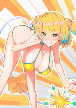 1girl bent_over bikini blonde_hair blue_eyes blue_hair bombergirl bow breasts cleavage closed_mouth clover-shaped_pupils commentary_request double_bun hair_bun hanging_breasts highres large_breasts looking_at_viewer medium_hair pine_(bombergirl) solo swimsuit symbol-shaped_pupils tail tail_bow tail_ornament two_side_up varie7k yellow_bikini yellow_bow